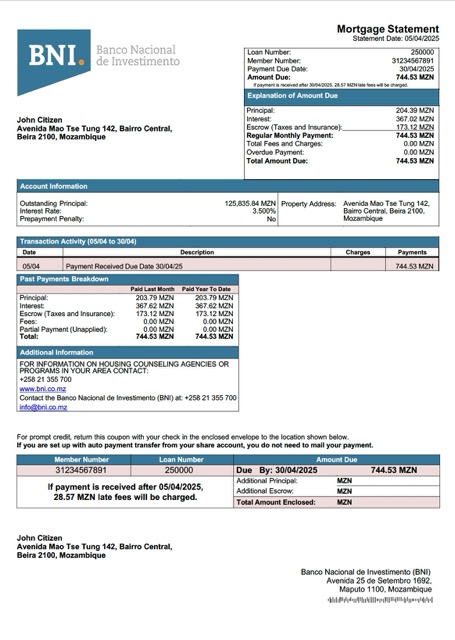 Mozambique Banco Nacional de Investimento (BNI) mortgage statement Word and PDF template